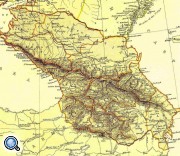 Изданная в Англии в конце ХIХ века старинная административная карта Кавказа. На ней Алания показана в составе Терской области, а территория, на которой сегодня находится Южная Осетия, обозначена в составе Тифлисской и Кутаисской губерний.